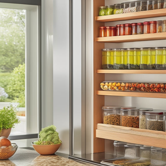 A sleek, modern kitchen featuring a pull-out spice rack shelf filled with neatly organized spice jars. Warm wood tones contrast with stainless steel accents, sunlight streaming in through a nearby window, highlighting the spices' vibrant colors.