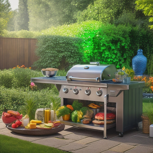 A serene backyard scene: a sleek, stainless steel gas grill with gleaming knobs and lid, surrounded by lush greenery, a few utensils, and a plate of sizzling burgers and veggies.