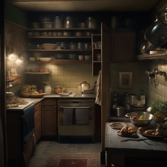 A dimly lit kitchen interior with a cabinet door slightly ajar, revealing a cluttered, cramped space with tangled cords, expired food, and dusty cookbooks stacked haphazardly.
