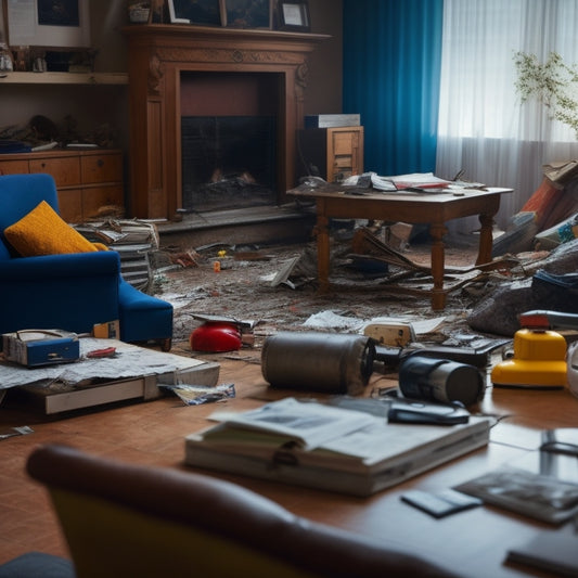 A cluttered living room with overturned furniture, scattered papers, and a laptop with a cracked screen, surrounded by caution tape and a fire extinguisher in the background.