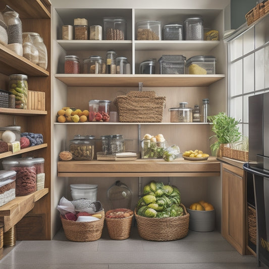 A modern, organized pantry with labeled shelves, baskets, and bins, featuring a tablet with an open SOP document on the screen, surrounded by a few fresh ingredients and a chef's hat.