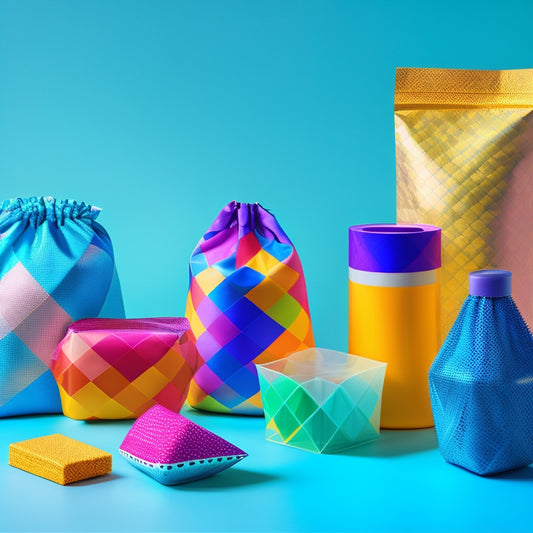A colorful arrangement of revamped Ziplock bags with unique printing techniques, featuring bold geometric patterns, whimsical illustrations, and vibrant colors on transparent and opaque backgrounds.