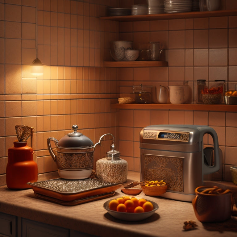 A dimly lit kitchen corner with a retro-style tile backsplash, featuring a narrow, L-shaped countertop, cluttered with utensil holders, a toaster, and a few scattered spices, with a faint shadow of a mysterious object.