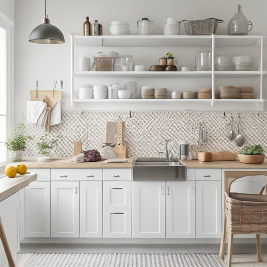 A tidy kitchen with sleek, white cabinets, a stainless steel island, and a pegboard with hung utensils, surrounded by minimalist decor and a few, strategically placed, wicker baskets.
