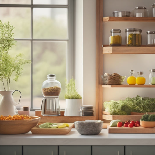 A modern kitchen scene featuring sleek, foldable wooden shelves neatly organized with colorful spice jars, elegant dishware, and fresh herbs, all illuminated by soft, natural light filtering through a nearby window.