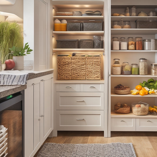 A bright kitchen scene featuring sleek, modern pull-out baskets within deep, stylish cabinets. Show organized spices, fresh produce, and utensils neatly stored, with warm lighting illuminating the clean, functional design.