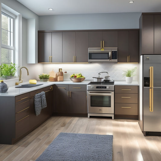 A modern, sleek kitchen with cabinets in various finishes, surrounded by subtle hints of construction and renovation, featuring a prominent display of shiny new hardware and a few scattered design catalogs.