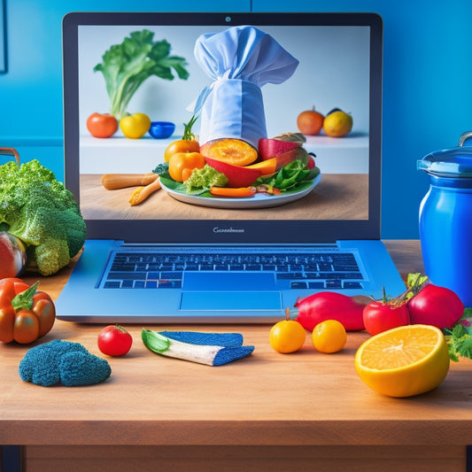 A colorful illustration of a laptop with a chef's hat on the screen, surrounded by utensils, fruits, and vegetables, with a subtle background of a kitchen or restaurant, conveying a sense of online learning.