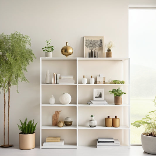A modern, minimalist room with adjustable shelving units in various heights, holding books, decorative objects, and plants, against a soft, creamy white background with warm, natural light.