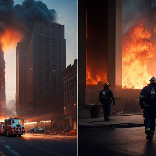 A split-screen image featuring a burning cityscape on one side, with flames engulfing buildings and debris scattered in the streets, and a safe, well-lit office building on the other, with a firefighter in the foreground holding a clipboard.