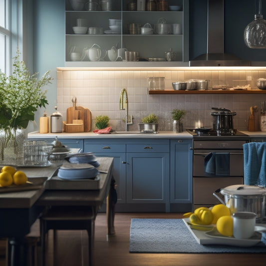 A tidy kitchen counter with a few strategically placed, sparkling clean utensils and appliances, surrounded by empty countertops and a few open drawers revealing organized contents, with a subtle warm lighting.