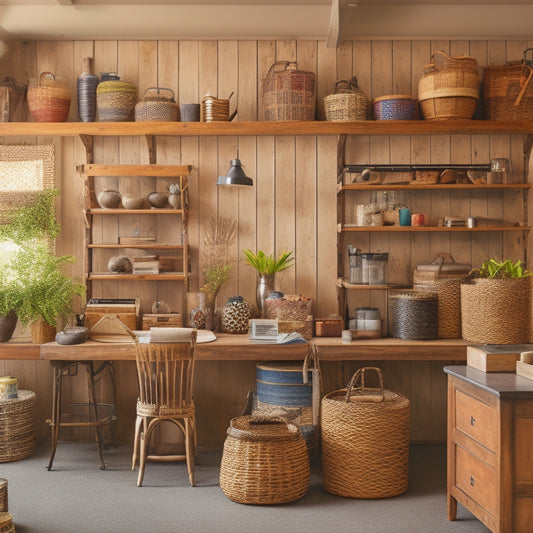 A clutter-free workspace with a multi-tiered wooden shelving unit, adorned with woven baskets, vintage metal containers, and a few decorative vases, surrounded by crafting tools and materials.