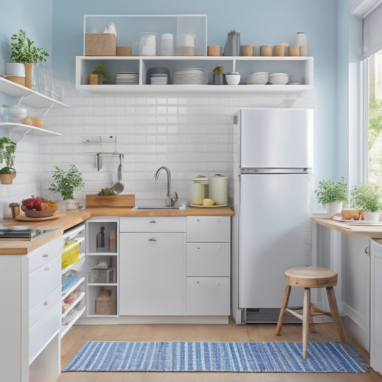 A bright, organized tiny kitchen with a white backsplash, featuring a wall-mounted foldable table, a compact refrigerator, and a set of stackable, transparent storage bins on a wooden shelf.