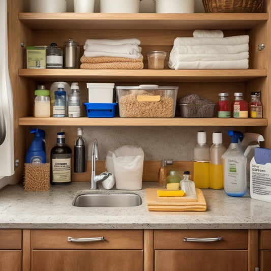 A neatly organized under-sink kitchen cabinet, featuring labeled bins, cleaning supplies, and a pull-out drawer for sponges, all set against a warm wood backdrop with soft lighting highlighting the arrangement.