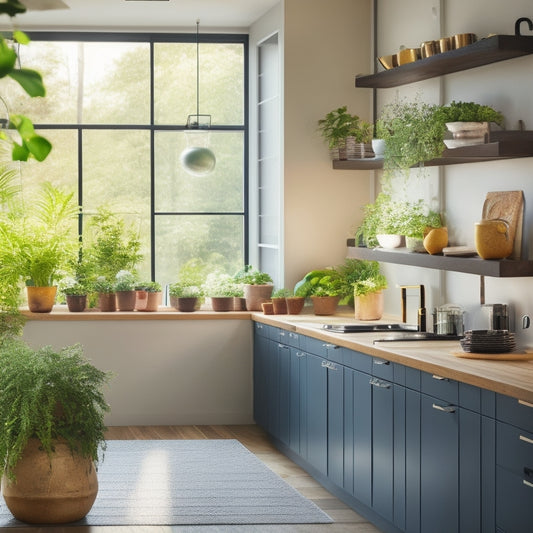 A sleek modern kitchen featuring stylish hanging racks adorned with pots, pans, and utensils. Soft natural light streams through a window, highlighting minimalist cabinetry and a vibrant herb garden on the counter.