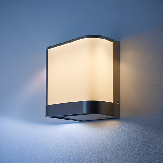 A sleek, modern emergency light fixture with a white trim and LED strips emitting a bright, cool white glow, mounted on a dark gray or black wall with subtle shadows and reflections.