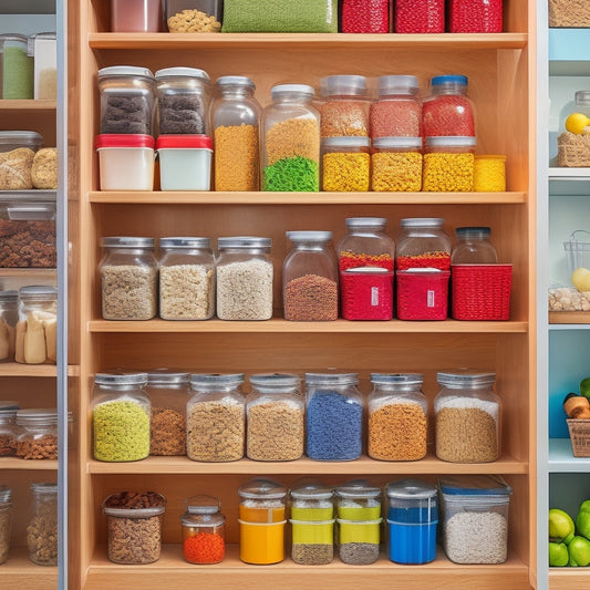 A cozy kitchen scene featuring colorful, budget-friendly cabinet organizers: clear plastic bins, bamboo drawer dividers, and stackable containers, all filled with spices, utensils, and snacks, arranged neatly within wooden cabinets.
