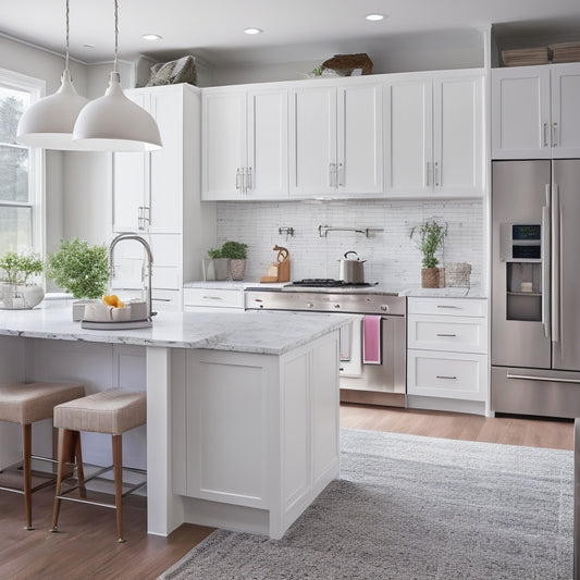 A bright, modern kitchen with sleek white cabinets, stainless steel appliances, and a large island featuring built-in shelves, drawers, and a sink, surrounded by a mix of open and closed storage units.