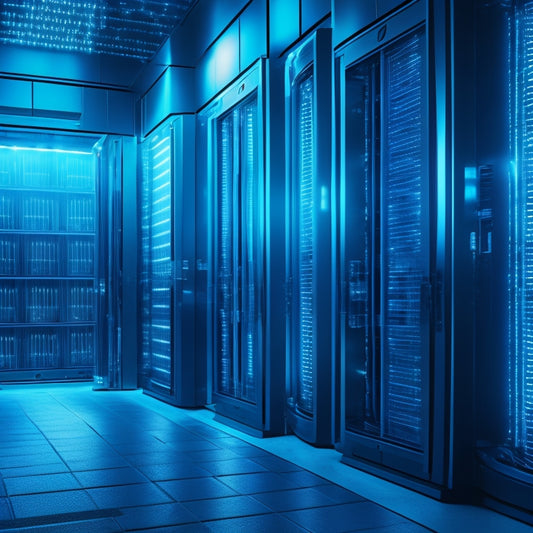 A futuristic, neon-lit data storage chamber with rows of towering servers, glowing blue data streams, and a massive, circular vault door with a subtle, pulsing lock icon.