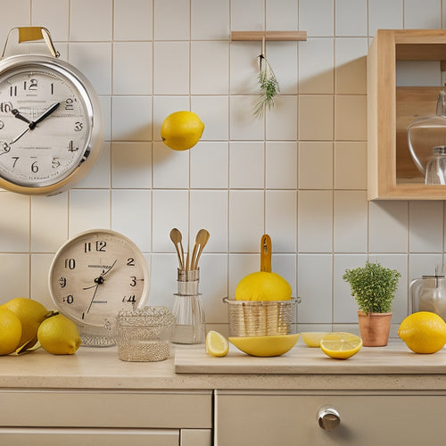 A bright, modern kitchen with a tidy countertop, a utensil organizer, and a calendar on the wall, surrounded by a few strategically placed clocks and a single, ripe, yellow lemon.