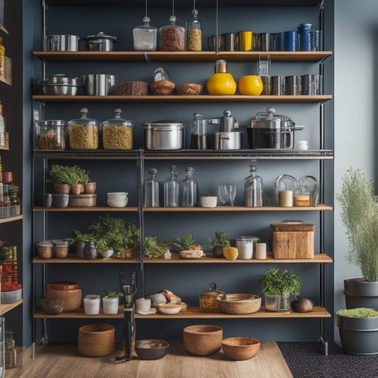 A modern kitchen showcasing sleek, multi-level tiered racks filled with colorful spices, jars, and kitchen utensils, set against a minimalist backdrop with soft lighting highlighting the organized space and maximizing efficiency.