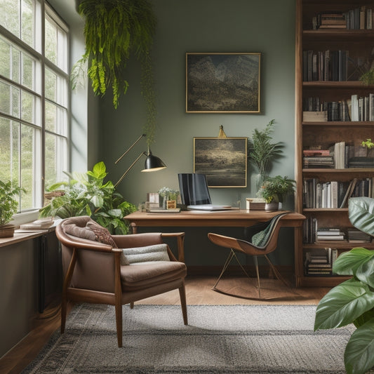 A serene, well-lit home office with a minimalist wooden desk, ergonomic chair, and lush greenery, surrounded by floor-to-ceiling bookshelves and a comfortable reading nook with a plush throw blanket.
