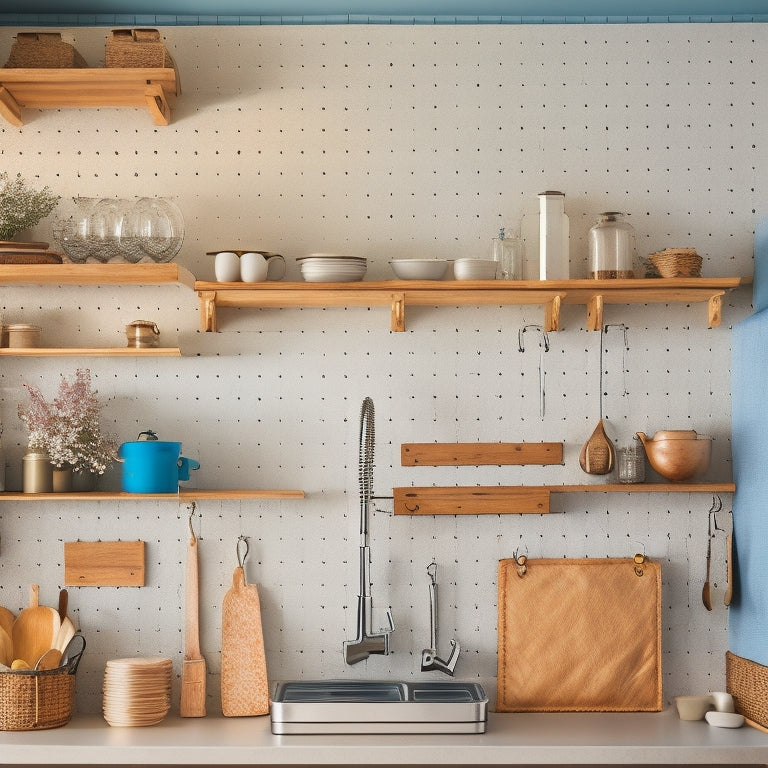 A clutter-free one-wall kitchen with a pegboard on the back of a door, a utensil organizer on the countertop, and a wall-mounted shelf with baskets and a few cookbooks.