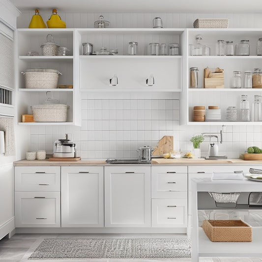 A bright, modern kitchen with sleek white cabinets, featuring a custom storage system with slide-out drawers, pull-down shelves, and a pegboard with hanging utensils and cookware.