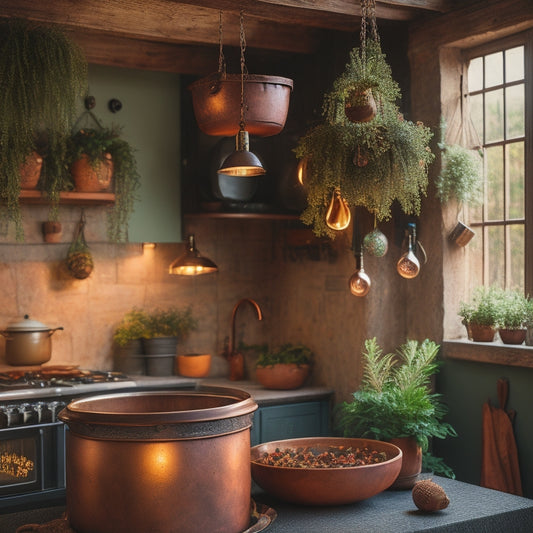 A rustic wooden pot rack suspended from a ceiling, adorned with gleaming copper pots, vibrant herbs in terracotta pots, and delicate fairy lights, surrounded by a cozy kitchen with warm, inviting colors.