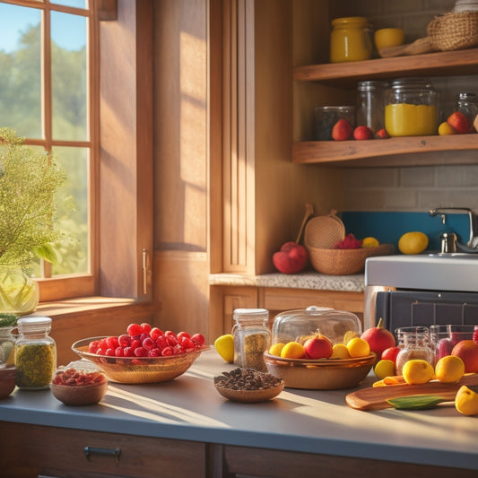 A stylish kitchen featuring a wooden Lazy Susan cabinet, filled with colorful spice jars, neatly arranged utensils, and vibrant fruits, all illuminated by warm, natural light streaming through a nearby window.