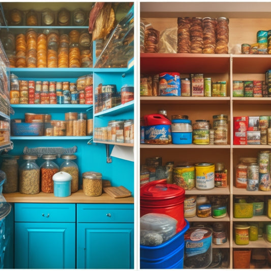 A split-screen image: a cluttered pantry with expired cans and moldy bread on the left, and a tidy pantry with labeled containers, organized shelves, and a thermometer on the right.