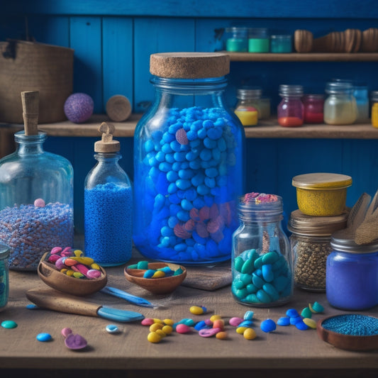 A whimsical still life featuring a wooden workbench cluttered with various shapes and sizes of clear glass jars, colorful candies, and DIY craft supplies, surrounded by a faded blue background.