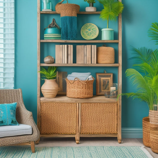 A serene island-themed room with a refurbished DIY bookcase featuring distressed wood, woven rattan baskets, and lush greenery, set against a calming turquoise wall with a few tropical patterned throw pillows.