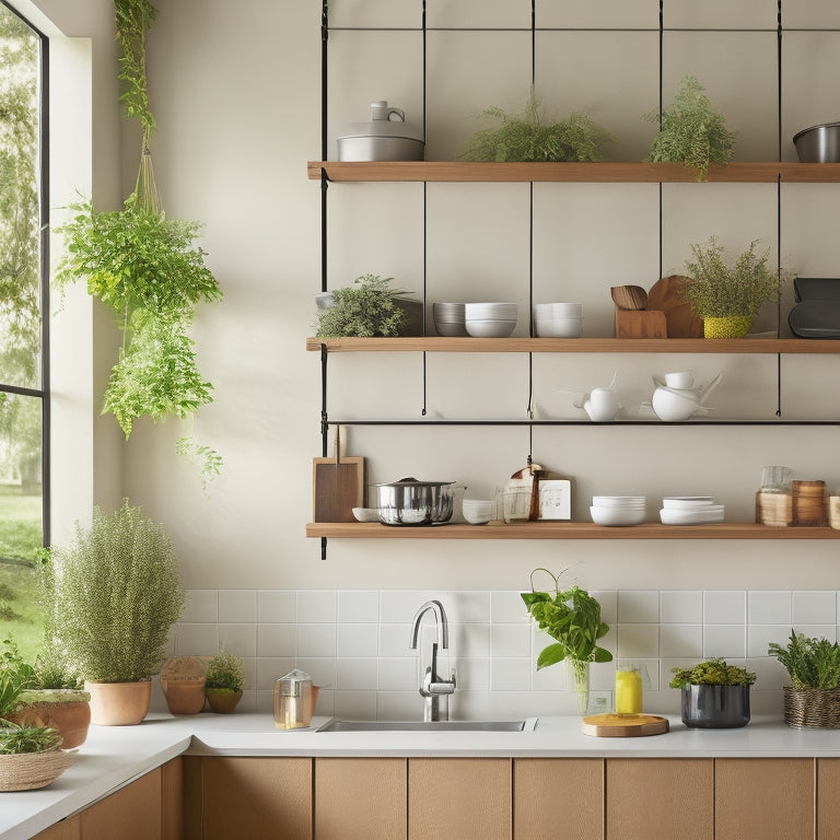 A modern kitchen featuring a sleek ceiling pot rack with integrated wooden shelving units, displaying various pots, herbs, and cookbooks. Soft lighting highlights the organized, airy space with a minimalist design aesthetic.