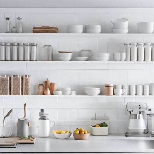 A well-organized kitchen with sleek, white shelves and minimalist hardware, showcasing a mix of cookbooks, ceramic jars, and modern kitchen gadgets, set against a calming, light-gray background.