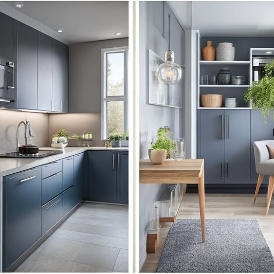 A sleek, modern kitchen with modular cabinets and pull-out shelves, showcasing efficient storage solutions. Bright lighting highlights an organized countertop, integrated appliances, and a cozy dining nook, emphasizing space management and functionality.