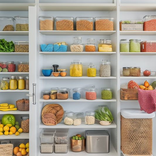 A bright, modern kitchen with a tidy pantry, featuring wire baskets, glass jars, and labeled containers, showcasing organized Whole30-compliant ingredients like vegetables, meats, and spices.