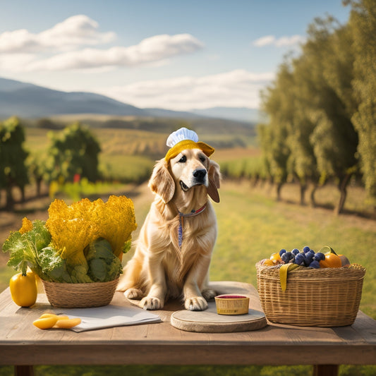 A golden retriever wearing a miniature apron and chef's hat, standing on a farmer's market table, surrounded by fresh produce and a clipboard with a checklist, amidst a blurred Napa Valley vineyard backdrop.