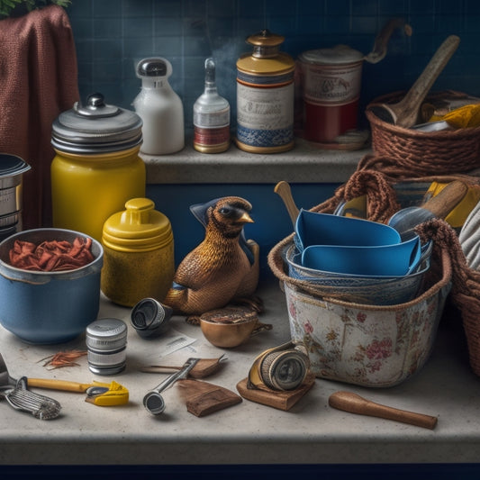A cluttered kitchen drawer with a jumble of utensils, tangled cords, and expired coupons, with a few surprise objects like a rubber chicken, a vintage camera, and a dusty vase peeking out from beneath the mess.