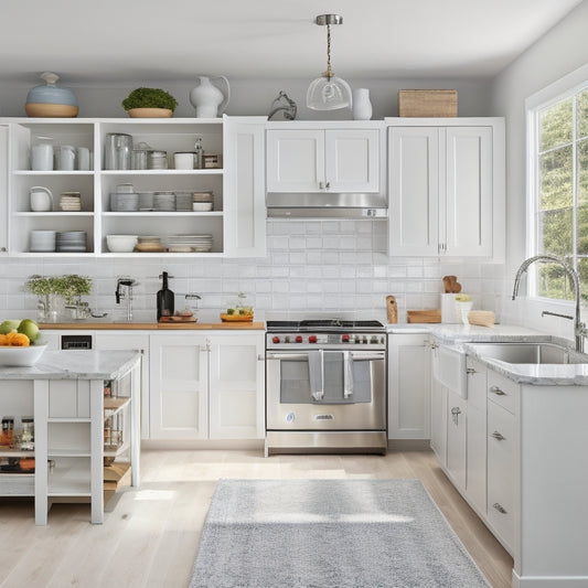 A bright, modern kitchen with sleek white cabinets, a stainless steel refrigerator, and a large island with built-in drawers, showcasing organized utensils, cookbooks, and kitchen gadgets on open shelving.