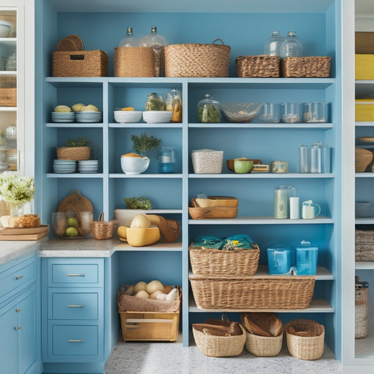 A bright, airy kitchen pantry with shelves, baskets, and containers in a calming color scheme, showcasing neatly arranged food items, cookbooks, and utensils, with a few decorative accents.