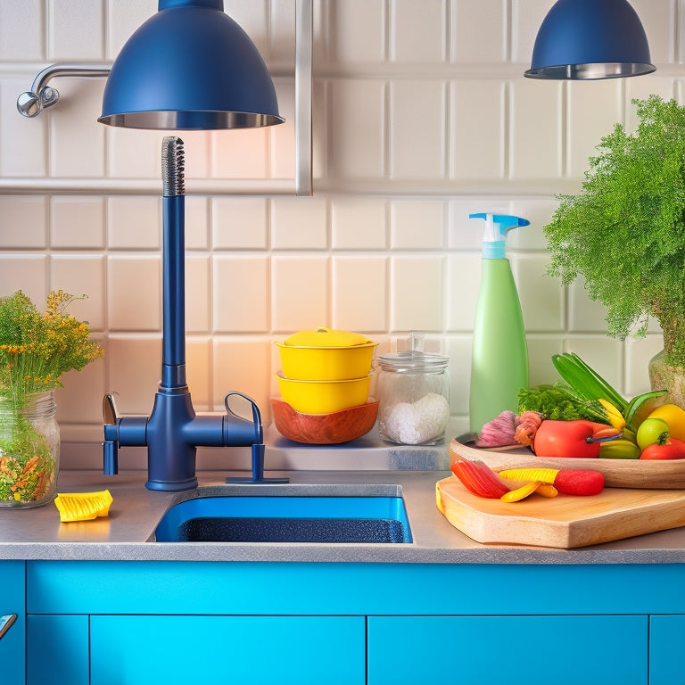 A sleek, modern kitchen with a stainless steel sink, featuring a versatile adjustable caddy filled with sponges, scrubbers, and dish soap, surrounded by colorful kitchen utensils and vibrant fresh herbs.