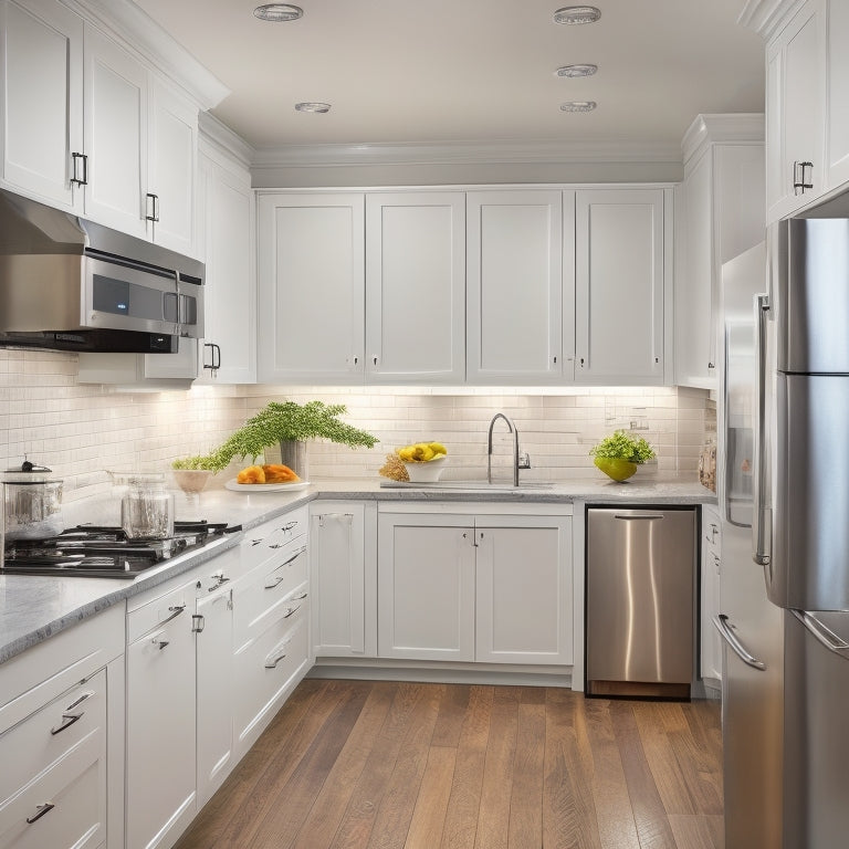 A narrow, L-shaped galley kitchen with sleek, white cabinets, stainless steel appliances, and a gleaming, dark wood countertop, showcasing clever storage solutions and organizational ideas.