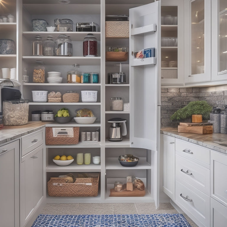 An organized kitchen with custom cabinetry, featuring separate zones for gluten-free, vegan, and keto ingredients, with labeled baskets, pull-out drawers, and a dedicated appliance garage.