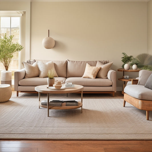 A serene living room with a neutral color palette, featuring a plush sectional sofa in a light gray tone, accentuated by McGee & Co. additions: a natural wood coffee table, woven jute rug, and minimalist pendant lighting.