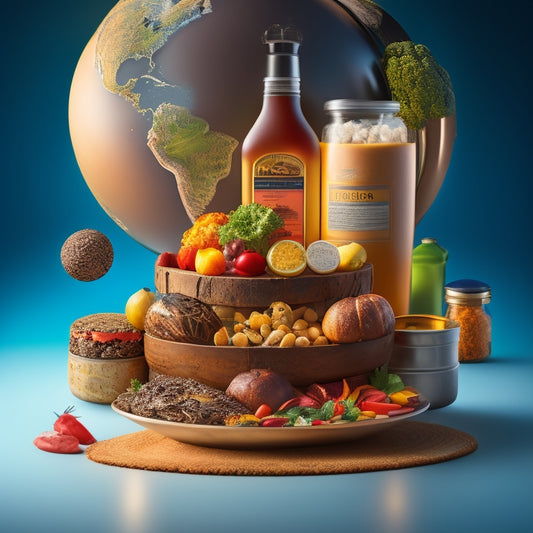 An illustration depicting a globe with various containers of different shapes, sizes, and materials (metal, plastic, wood, and glass) stacked upon it, surrounded by icons of diverse food items.
