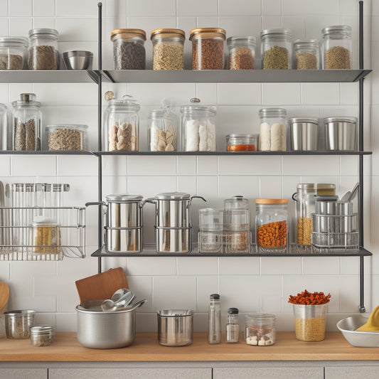 A tidy kitchen with a few strategically placed organizational tools: a stainless steel utensil holder on the counter, a wall-mounted spice rack, and a few neatly arranged jars on a shelf.