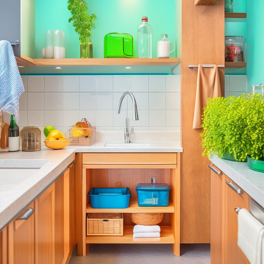 A modern kitchen under-sink area showcasing sleek, tiered pull-out shelves, a slim trash can, vibrant cleaning product organizers, and an elegant bamboo drawer divider, all bathed in soft, natural lighting.