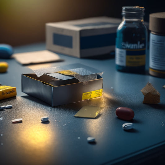 A broken Amazon package with shattered glass, scattered pills, and a torn warning label, surrounded by a halo of caution tape, on a dark and ominous background.
