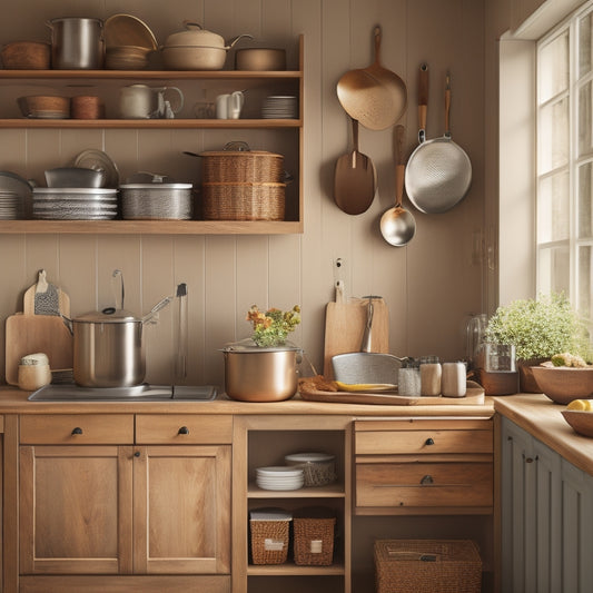 A cozy kitchen corner featuring a stylish wooden cabinet filled with neatly organized cooking utensils, pots, and pans. Soft natural light illuminates the space, highlighting the warm colors of the cabinetry and utensils.